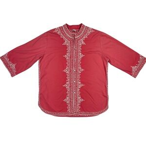 Vintage‎ Caro of Honolulu Pink Embroidered Mandarin Collar Button Up Top L
